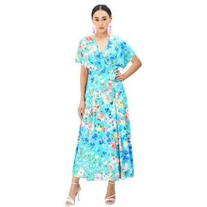 Eshakti Wrap Dress Midi S Dolman Sleeve Blue Floral Print Crepe Lined Tie Waist